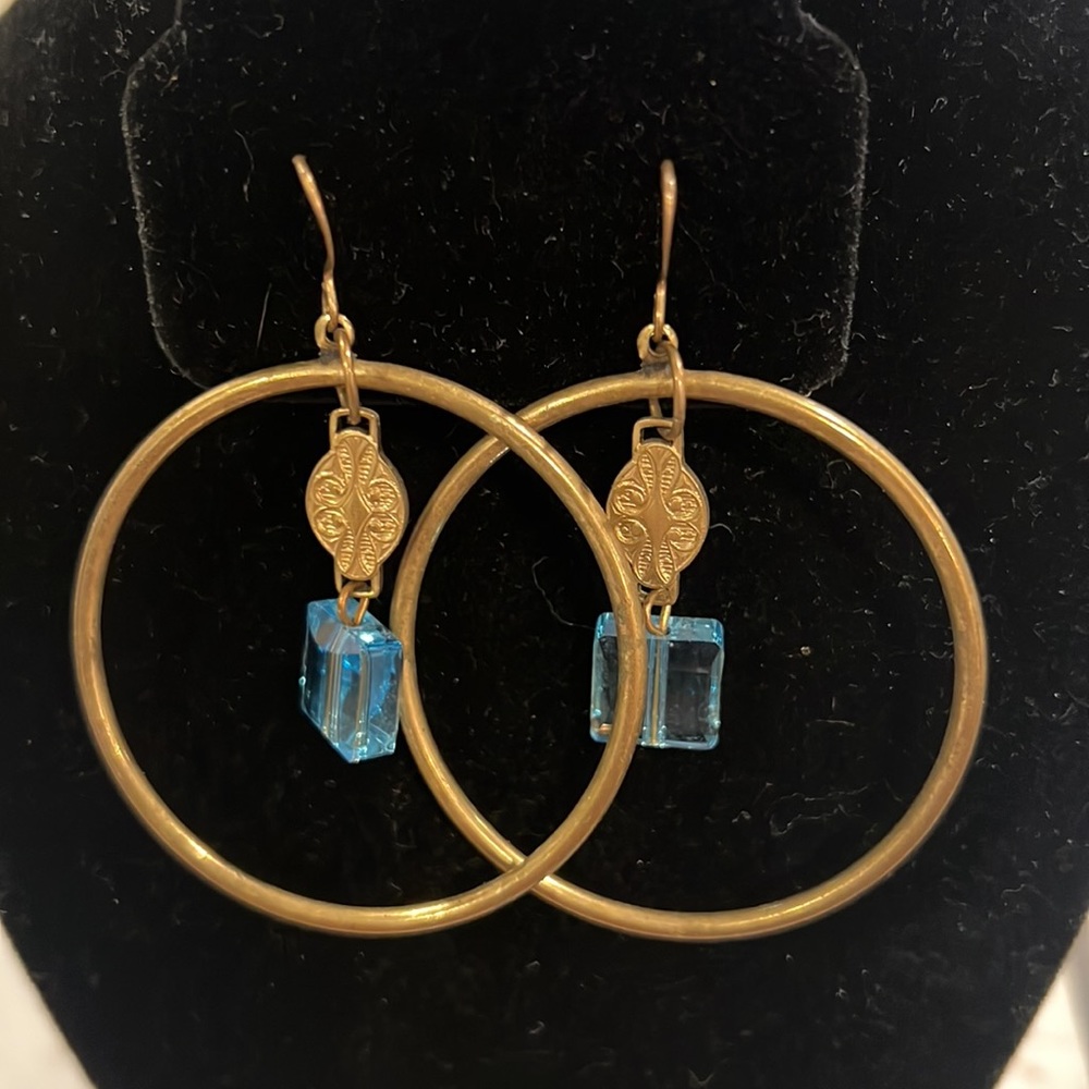 Anthropologie Gold Circular Aquamarine Gemstone